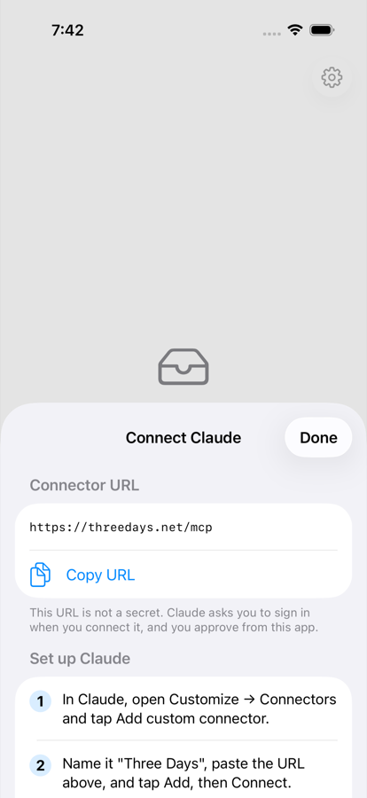 The Connect Claude screen in the app showing the connector URL and the setup steps