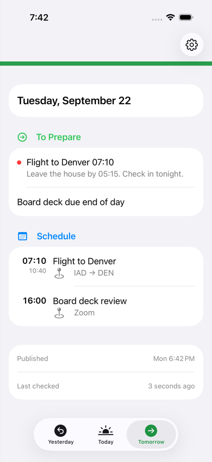 The Tomorrow tab showing a flight to prepare for and tomorrow's schedule